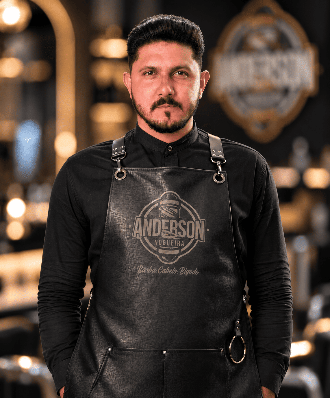 Anderson Nogueira, barbeiro, diante do fundo desfocado da barbearia